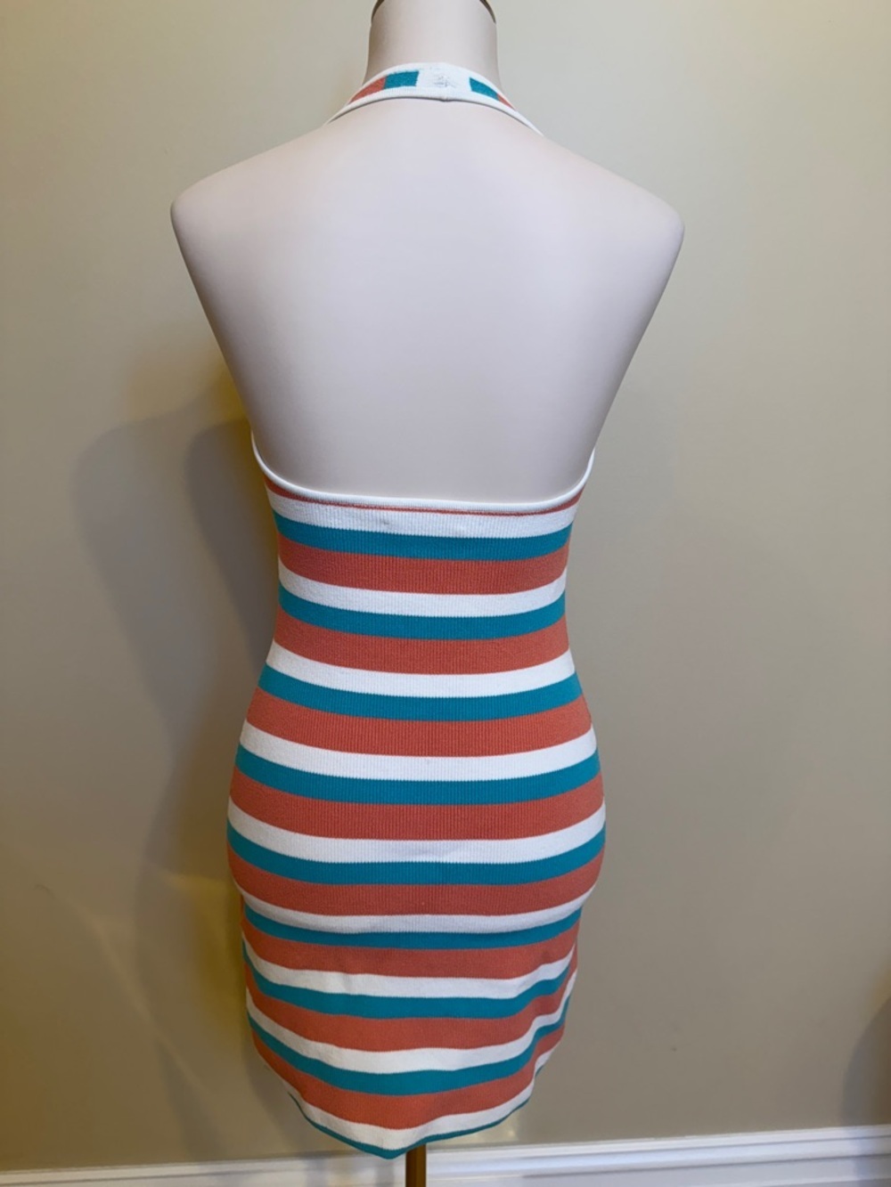 Babaton Aritzia Striped Halter Bodycon Knit Dress Size M Coral Blue White - Picture 3 of 7